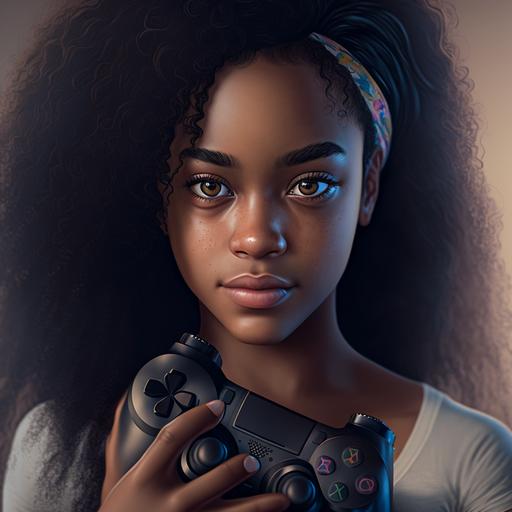 hyper realistic black beautiful teen girl holding a dualshock 4, 8k, hdr, portrait