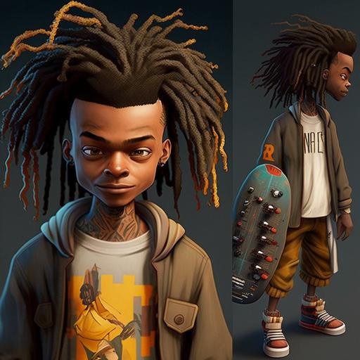 hyper realistic, boondocks style, disney style, character design, concept art, full body, young, black male, dreadlocks, tattoos, skateboarder, red eyes, grinning, action figure design, action figure