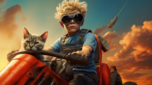 hyper-realistic bright sunny day toddler boy in blue shirt with orange cat on his shoulder driving a big red racing car in the style of mad max fury road --ar 16:9