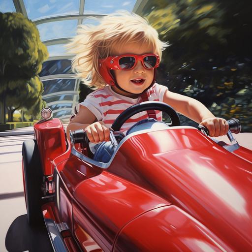 hyper-realistic bright sunny day toddler driving a big red racing car