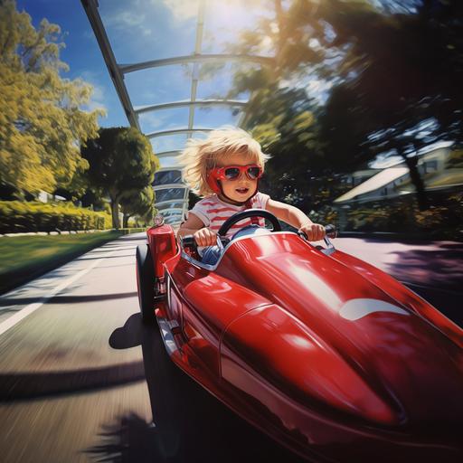 hyper-realistic bright sunny day toddler driving a big red racing car
