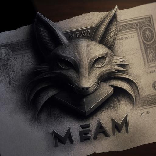 hyper realistic charcoal drawing of Metamask logo, cash on the background