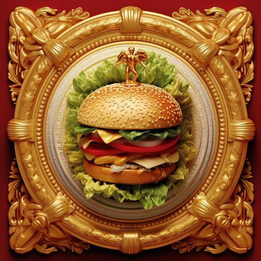 hyper realistic collaboration with Versace and Burger King, v5.1, 8k, hyper detailed, ornate burger, ornate French fires, Versace branding, Burger King packaging, Donatella Versace eating a burger
