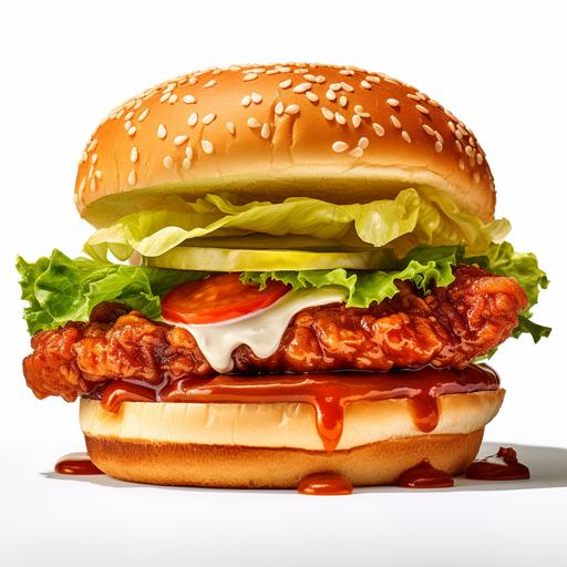 hyper-realistic crispy chicken sandwich with only these ingredients: one piece of chicken, one piece of leaf lettuce, light honey-colored sauce on a seedless bun. The crispy chicken is much wider than the bun. lighting is overhead, crisp and with a distinct shadow on an all white background.