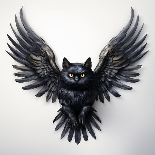 hyper realistic detailed spooky creepy halloween flying black cat with creepy wings and crazy spooky eyes on a white background