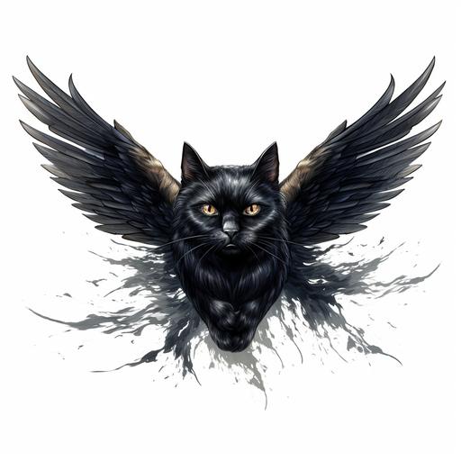 hyper realistic detailed spooky creepy halloween flying black cat with creepy wings and crazy spooky eyes on a white background