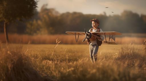 hyper-realistic dreamy photography, a boy pilot weraing paper wing with sidcot running in the open grass, he holding a small woodern toy airplane, full body portrait, background is open grass , realistic lighting and shading, cinematic light, stunning, photorealistic, epic warm and dreamy theme, hyper detailed, 8k, --ar 16:9 --v 5 --q 2