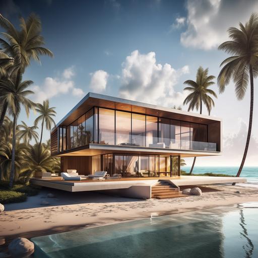 hyper realistic, expensive, modern, ocean front house in Miami with palm trees around it and a concrete seawall in front of it, perspective is from the ocean.