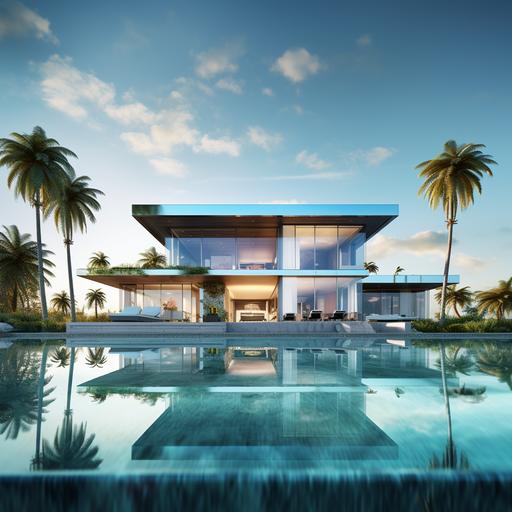 hyper realistic, expensive, modern, ocean front house in Miami with palm trees around it, perspective is from the water