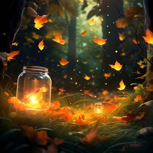 hyper realistic falling leaves, red, oranges, ombre color gradient, green, yellow, glow, beautiful light, deep green grass background, fireflies glowing, pumpkins, candles