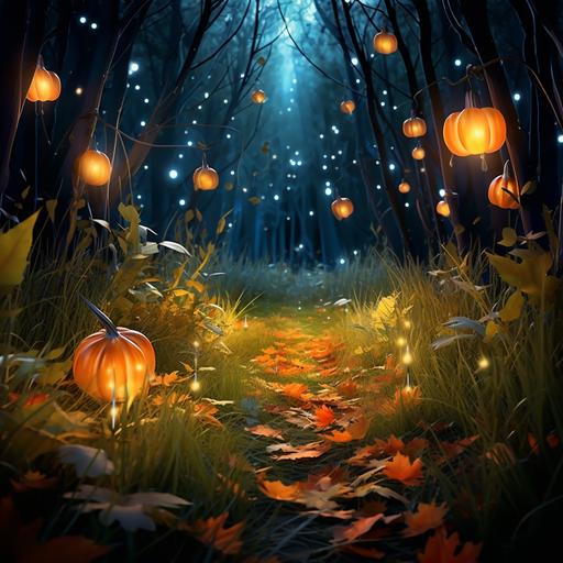 hyper realistic falling leaves, red, oranges, ombre color gradient, green, yellow, glow, beautiful light, deep green grass background, fireflies glowing, pumpkins, candles