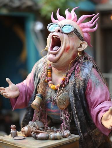 hyper realistic, fat, angry ugly dirty hippie girl, pig yelling, screaming, tie dye nightmare --ar 3:4 --c 25 --s 250