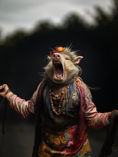 hyper realistic, fat, angry ugly dirty hippie girl, pig yelling, screaming, tie dye nightmare --ar 3:4 --c 25 --s 250