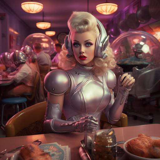 hyper realistic, film quality, cinematic, retro, vintage 1950s blonde woman in a shiny, purple space suit and metallic silver roller skates. She is working in a busy futuristic retro diner with lots of food on the table and all the customers are aliens