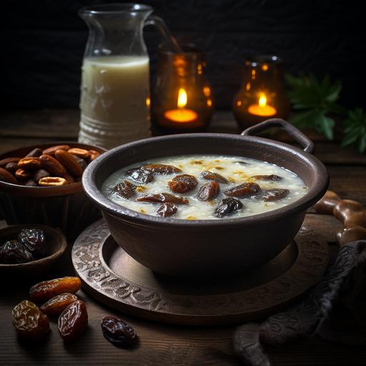 hyper realistic food photograph of bone broth porridge with dates and nuts, well lit by 3-point lighting in a bright italian kitchen with black elements --v 5.2