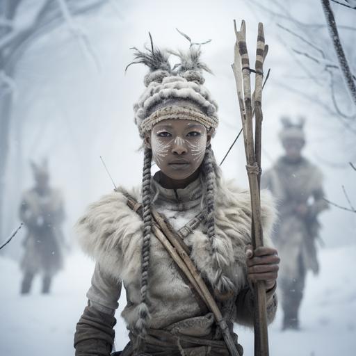hyper realistic future tribe, medium portrait, one old androgynous person carrying a bow and arrows who has head cocked to one side and looking at camera, surreal biomechanical, snowy botany, backdrop is a stark snowy landscape with snow covered trees, photo-realistic, fine detail, soft bright light on people, browns, greys, golds and silver, taken with Canon EOS 5D Mark IV, Aperture: Set the aperture to f/1.8, Shutter Speed: Use 1/125th of a second, ISO: ISO 100. White Balance: Choose the appropriate white balance setting based on the lighting conditions in the forest. Focus Mode: Select single-shot autofocus (AF-S) Metering Mode: Use evaluative or matrix metering mode for balanced exposure across the scene. Flash: Canon Speedlite 600EX II-RT, with a diffuser to soften the light and minimize harsh shadows