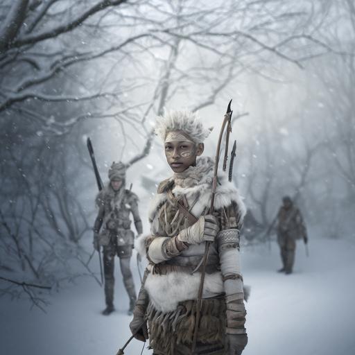 hyper realistic future tribe, medium portrait, one old androgynous person carrying a bow and arrows who has head cocked to one side and looking at camera, surreal biomechanical, snowy botany, backdrop is a stark snowy landscape with snow covered trees, photo-realistic, fine detail, soft bright light on people, browns, greys, golds and silver, taken with Canon EOS 5D Mark IV, Aperture: Set the aperture to f/1.8, Shutter Speed: Use 1/125th of a second, ISO: ISO 100. White Balance: Choose the appropriate white balance setting based on the lighting conditions in the forest. Focus Mode: Select single-shot autofocus (AF-S) Metering Mode: Use evaluative or matrix metering mode for balanced exposure across the scene. Flash: Canon Speedlite 600EX II-RT, with a diffuser to soften the light and minimize harsh shadows