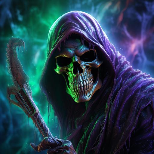 hyper-realistic, hdr, scary grim reaper with scythe, grinning skull face with glowing green eyes, scary, with a blue and purple smoky background