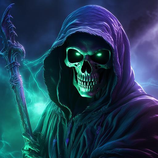 hyper-realistic, hdr, scary grim reaper with scythe, grinning skull face with green glowing eyes, scary, with blue and purple smoky background