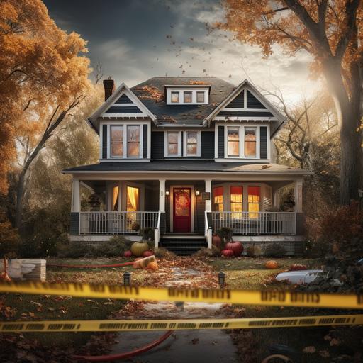 hyper realistic home in fall with crime scene tape on the front door.