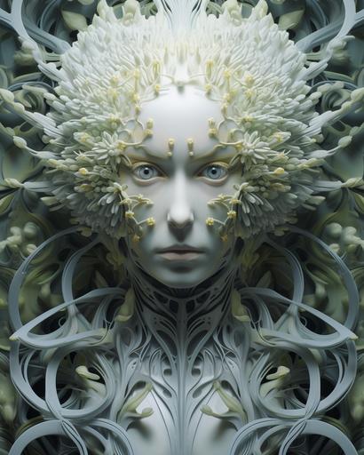 hyper realistic, humanoid, face toward camera, Asteraceae, organic biomorphism, fractal, light yellows, white, medium green, standing in front of plant steel blue light green wallpaper --ar 4:5