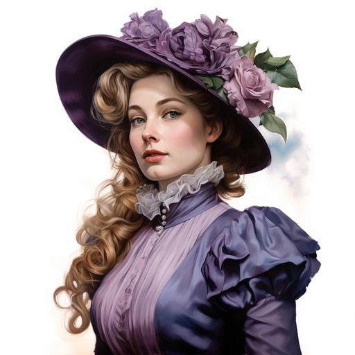 hyper realistic hyper detailed vintage portrait of a vintage victorian edwardian lady wearing a vintage purple dress and hat with flowers on a white background