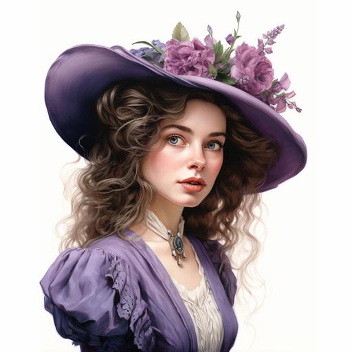 hyper realistic hyper detailed vintage portrait of a vintage victorian edwardian lady wearing a vintage purple dress and hat with flowers on a white background