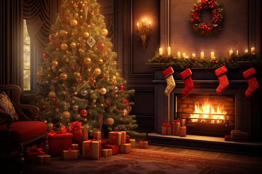 hyper realistic image of a close up christmas tree with red and gold ornaments with a fireplace with stockings hanging in the background --ar 9:6
