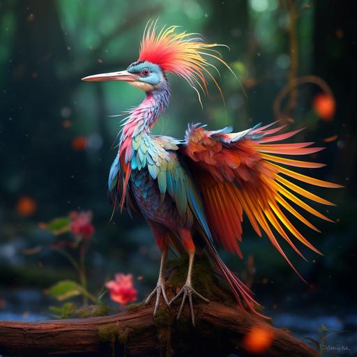 hyper realistic image of a fantasy Bird with long legs. colors red, yellow, blue, green, tall bird like a flamingo. long feathers, long beak, standing in the rainforest. hunting. reality, beautiful, with wings open.