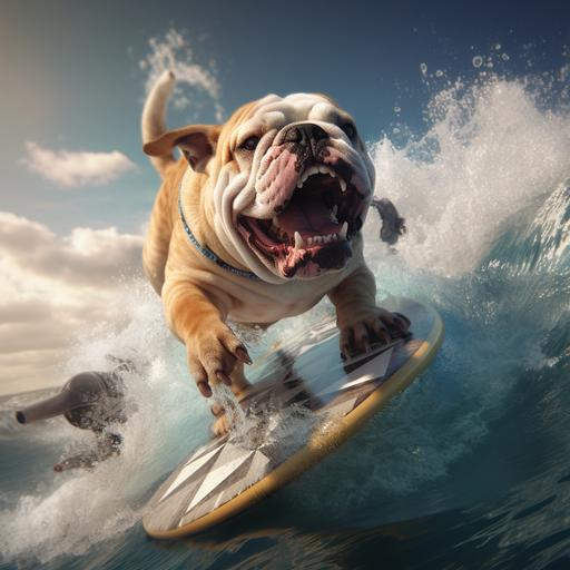 hyper realistic image of a fat english bulldog surfing a wave on a surfeboard with sharks in the water.
