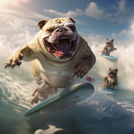 hyper realistic image of a fat english bulldog surfing a wave on a surfeboard with sharks trying to eat him in the water.