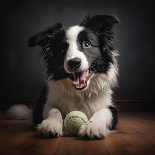 hyper realistic image of a short haired boder collie playing indoors with a cute black and white toy skunk in his mouth