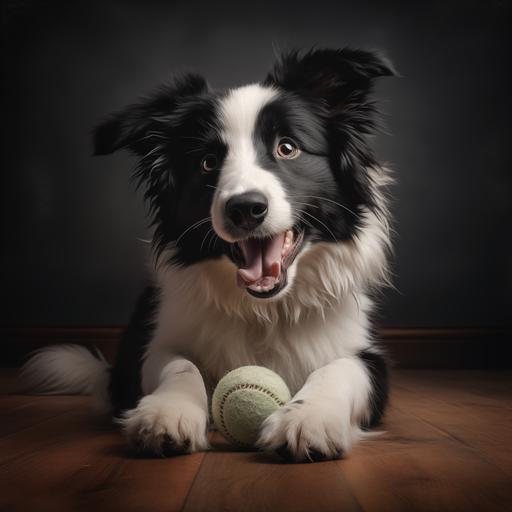 hyper realistic image of a short haired boder collie playing indoors with a cute black and white toy skunk in his mouth