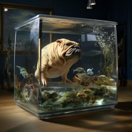 hyper realistic image of fat english bulldog and a fat toad inside of a glass tank eating crickets. inside of a home