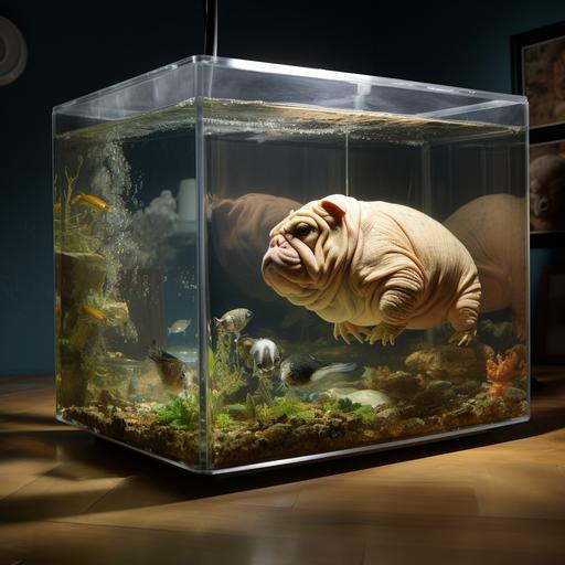 hyper realistic image of fat english bulldog and a fat toad inside of a glass tank eating crickets. inside of a home