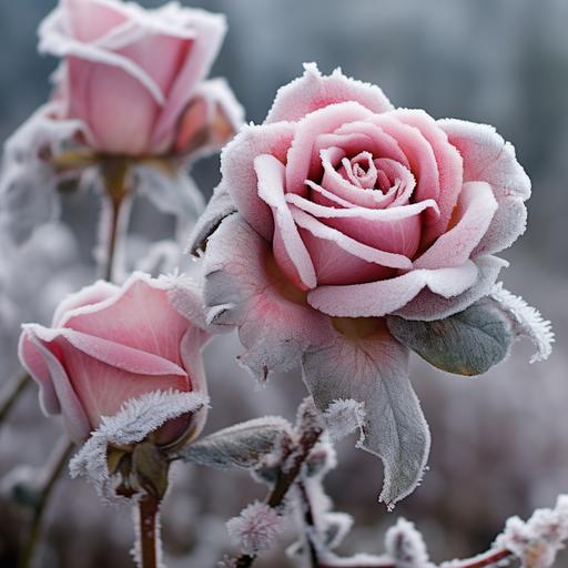 hyper realistic image of frosted pink rose petals in wintertime