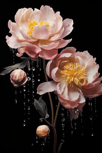 hyper realistic image of pink peony flowers with amber crystals and rose quartz crystals on a luxurious black background --ar 6:9