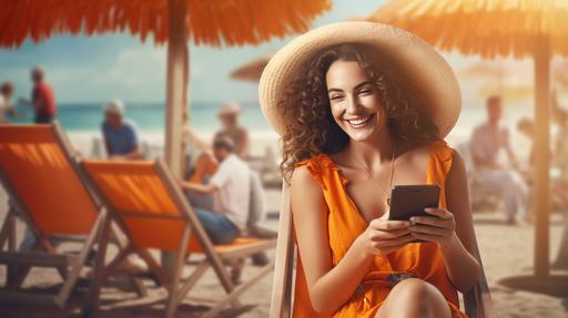 hyper realistic image on the beach with closeup of happy young woman working on cell phone in modern orange beach lounge working in summer, --ar 16:9