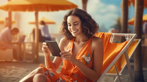 hyper realistic image on the beach with closeup of happy young woman working on cell phone in modern orange beach lounge working in summer, --ar 16:9