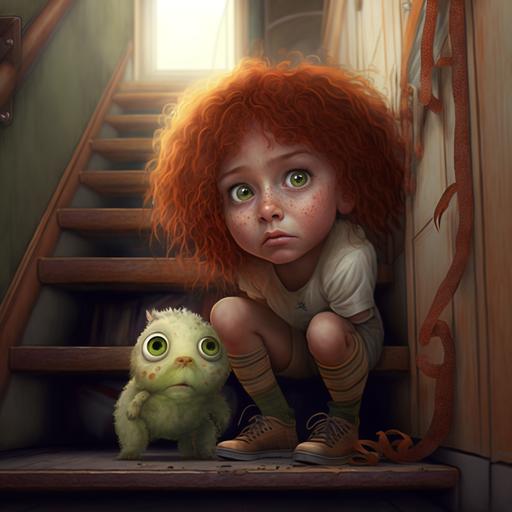 hyper realistic image. young girl with green eyes, freckles and red curly hair, wearing overalls and a white shirt, finds an orange messy furry creature with big green eyes and long lashes, roughly the size of a tennis ball from under the staircase outside of her house. The staircase is brown and made out of wood.