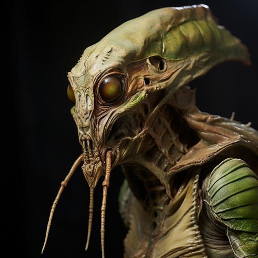 hyper realistic insectoid alien, greenish brown color, bug alien face, bug king, bug eyes, political leader attire, profile portrait, power portrait, profile photography, close up photography, sage, dark background, shocking photography, ultra detailed photography, photo taken with professional camera, ultra-detailed