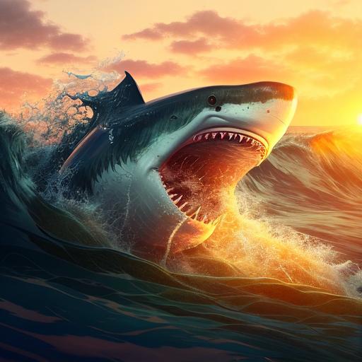 hyper realistic, killer shark in open water, sunset, heavy waves