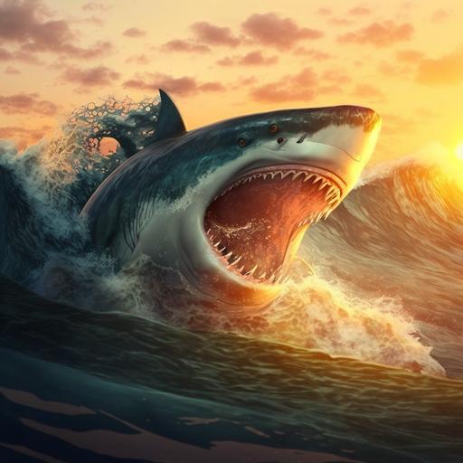 hyper realistic, killer shark in open water, sunset, heavy waves