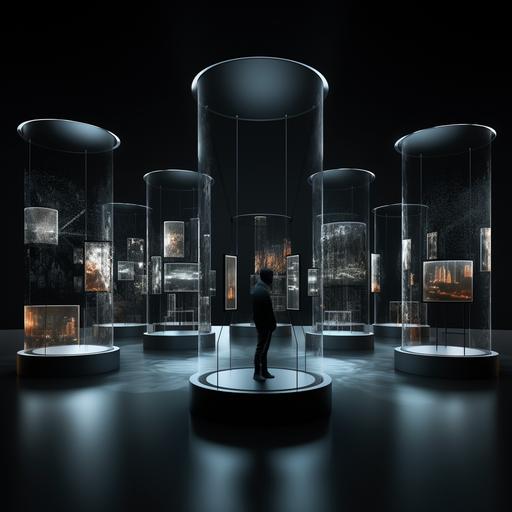 hyper realistic, large dark space, minimal metal cylindrical wire pedestals for display, with pieces of furniture displayed on the pedestals. perimeter walls are high definition screens showing furniture displayed at much greater detail, silhouettes of people in space