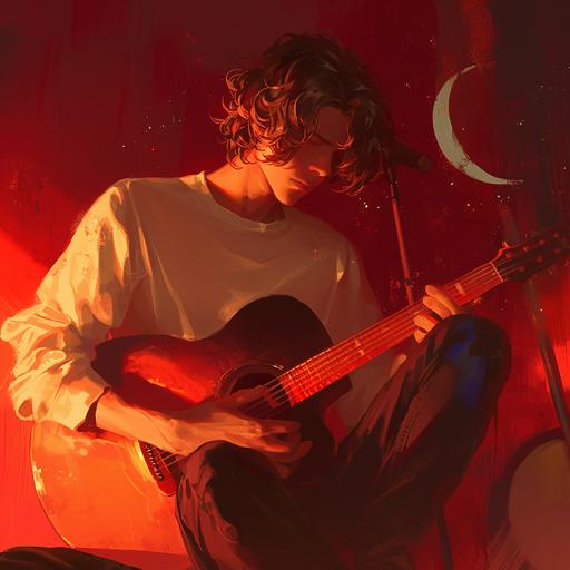 hyper realistic man, playing guitar, red colors in different shades, stars, moon gazing with light, happines. --niji 6