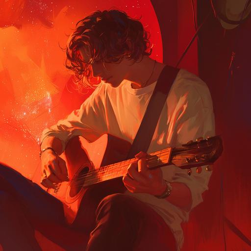 hyper realistic man, playing guitar, red colors in different shades, stars, moon gazing with light, happines. --niji 6