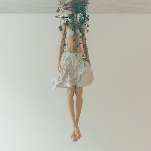 hyper realistic, minimalist, surreal photography shot of a full body hollow clear glass woman sculpture, her feet are standing on a floor of ivy in an all white room and she is looking up gasping for air as a realistic ocean inside of her hollow body begins to fill her, UHD,