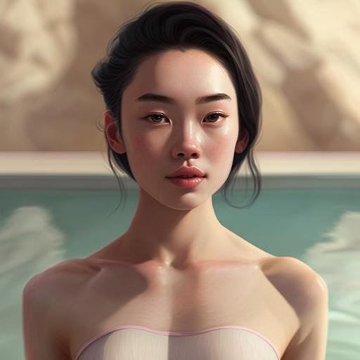 hyper realistic perfect body like human character without any dress on top with background in swimming pool like Asian teen girl
