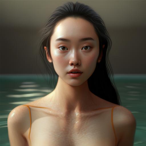 hyper realistic perfect body like human character without any dress on top with background in swimming pool like Asian teen girl
