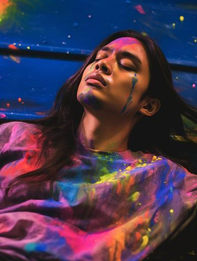 hyper realistic, person 1 filipino gay male muscles 20% wearing makeup, long hair, wearing a dress age 20 crying on the floor, cinematic, liquid rainbow paint on the floor, dramatic --ar 9:12